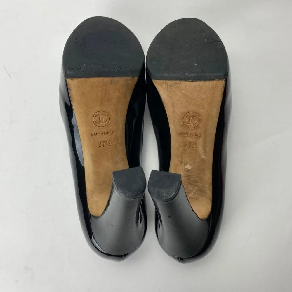 CHANEL Patent Silver Name Plate Chrome Logo Cap Toe Black Chunky Pumps Size 37.5 - Picture 8 of 10